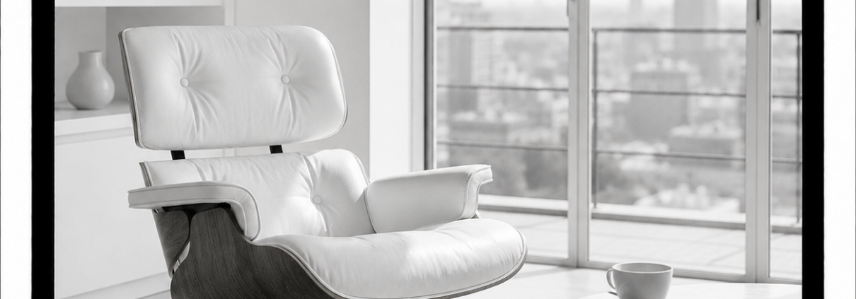 Fauteuil Eames coque blanche sur base noyer près d'une baie vitrée, table basse avec une tasse vide, lumière douce de fin de matinée, ambiance de calme après un échange