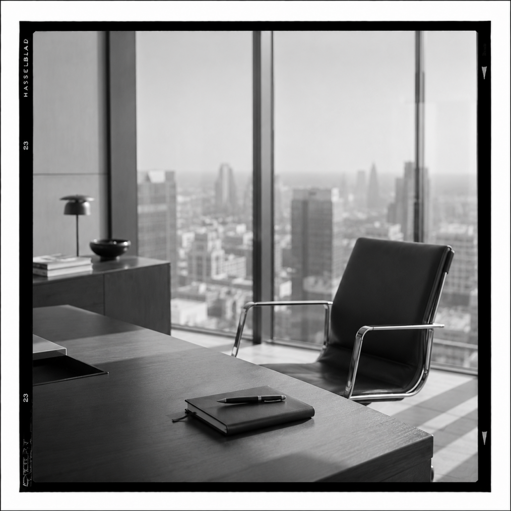 Bureau contemporain épuré, fauteuil vide face à une baie vitrée, lumière naturelle, univers analytique pour dirigeants et chefs d'entreprise