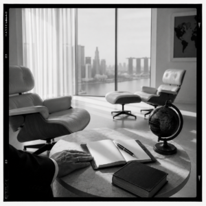 Bureau de psychanalyste avec vue sur une skyline internationale, fauteuils Eames, carnet et globe terrestre (accueil des francophones expatriés)